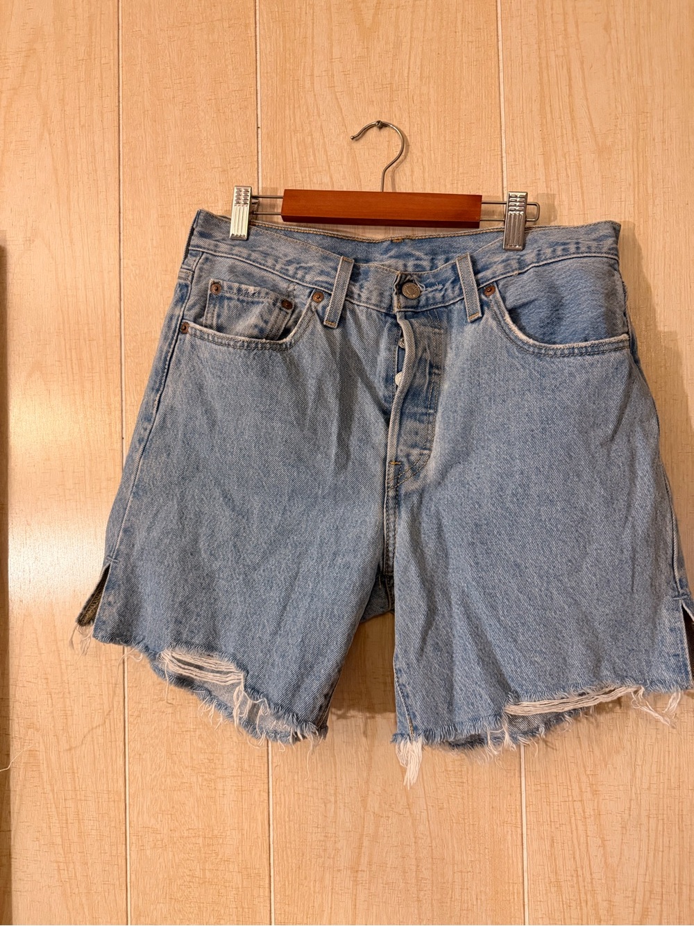 Levi's Light Blue Distressed High-Rise Denim Shorts